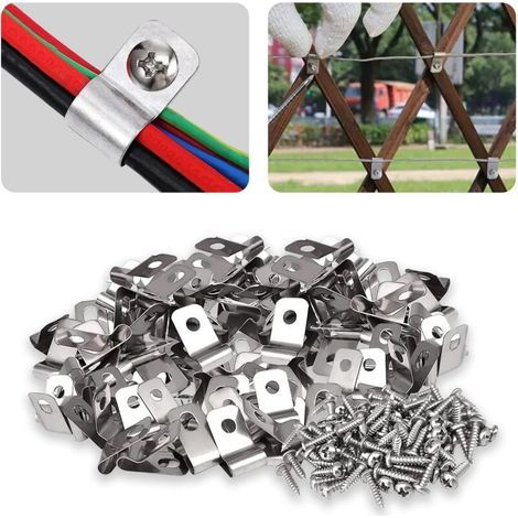 Packung mit 100 Edelstahl-Zaunclips mit Schrauben zur Befestigung von Schweißdraht an Holz-, Metall- oder Vinylzäunen (1/5)