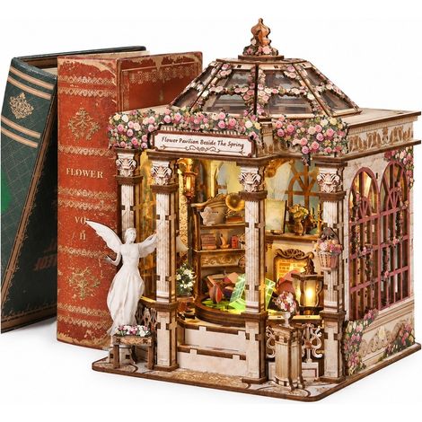 Kit de serre-livres en bois à monter soi-même, maison miniature avec serre-livres, fleurs printanières, paysage miniature, bois (1/5)