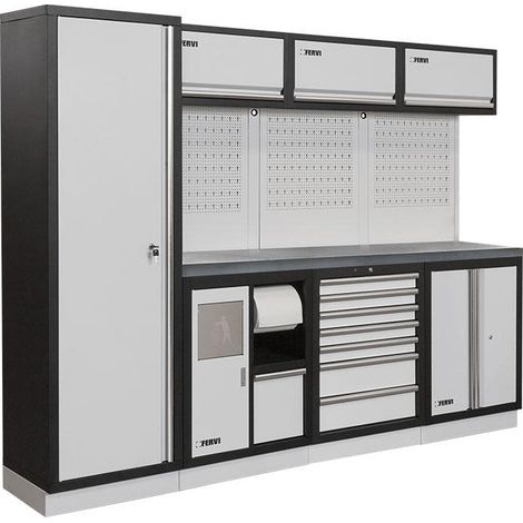 Modulares Werkstattmobel mit Edelstahlplatte Schranke und Schubladen Fervi a008g