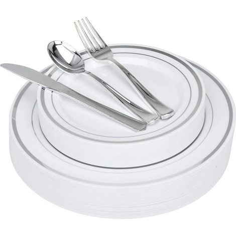 Service de table élégant en plastique blanc et argenté (125 pièces) avec couverts, idéal pour les mariages et les fêtes. Ce service comprend 25 assiettes plates et à salade, 25 cuillères, 25 fourchett (1/5)