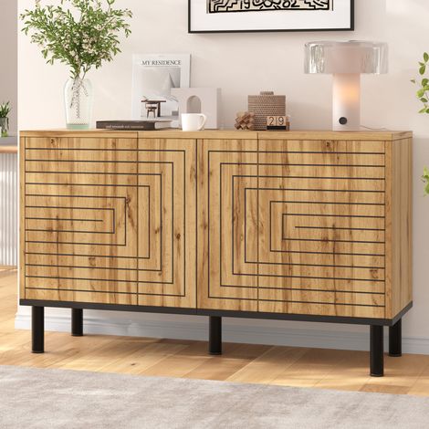 Meuble TV 120 x 35 x 68 cm, 3 portes à motif vague, naturel OKMYHOME (1/5)