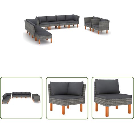The Living Store Salon de jardin 10 pcs Résine tressée et bois d'eucalyptus Gris - Salon De Jardin - Mobilier De Jardin - Set De Salon De Jardin - Meubles De Jardin - Chaise Longue (1/5)