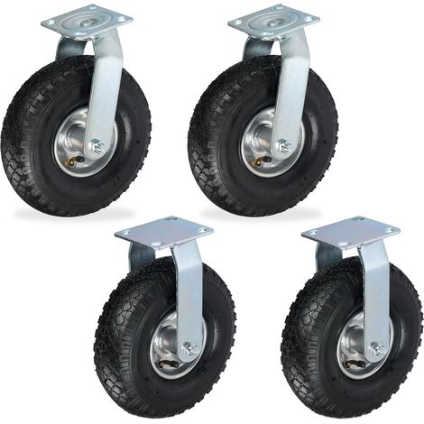 Relaxdays 2x Fixed + 2x Swivel Castor Set, Heavy-duty Wheel with Pneumatic Tyres, 3.00-4, Transport 120 kg, Black/Silver