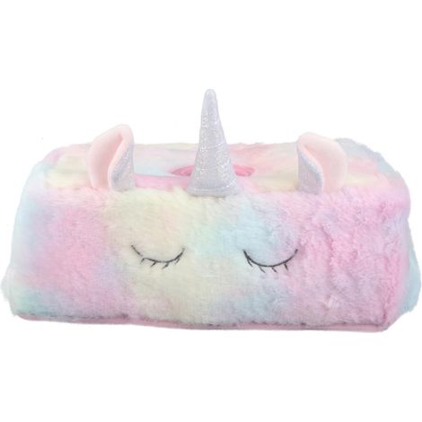 Caja de pañuelos de tela con estampado de unicornio rosa de peluche – Dispensador de toallas de papel redondo con bomba para oficina, 1 unidad