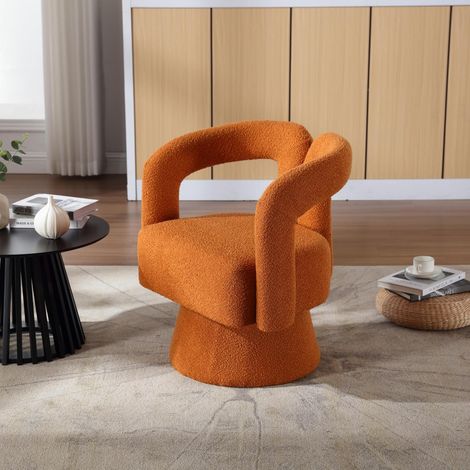 Fauteuil - Fauteuil Pivotant 360° avec Assise Capitonnée en Tissu Bouclé, Cadre Bois et Métal, Charge 150 kg, 67 x 55 x 74 cm, Orange (1/5)