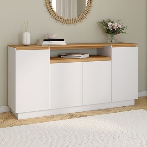 SERENA Aparador de 4 puertas de 160 cm con hornacina central blanca y encimera efecto madera