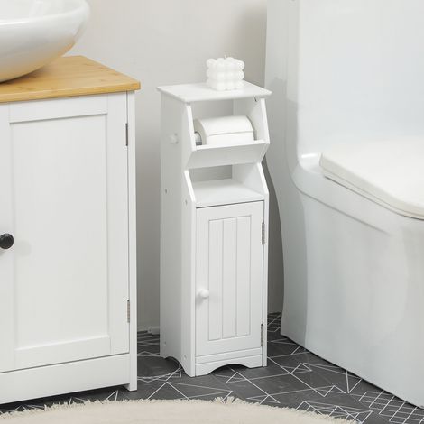 Meuble de salle de bain gain de place en MDF blanc avec porte-papier toilette et rangement, 19 x 15 x 56 cm (1/5)