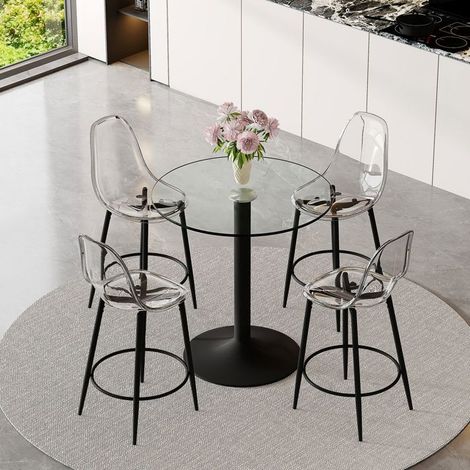 Ensemble bar - WESTYLE - Design flottant - Table verre 89 cm - Structure métal noir - 4 tabourets transparents (1/5)