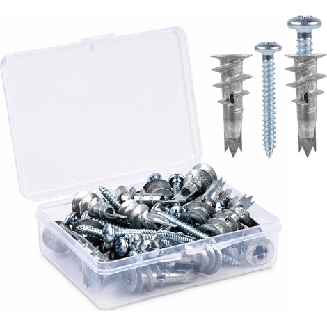 100 Pièces Chevilles Placo Set - 50 Chevilles Placo Autoforeuses + 50 Vis, Kit Chevilles Métal Acier Zingué pour Plaques de Plâtre Cloison Sèche Brique Creuse Parpaing Creux (1/5)