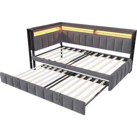 Lit rembourré canapé 90 x 200 cm avec lit gigogne, LED, USB-C, velours gris foncé (1/5)