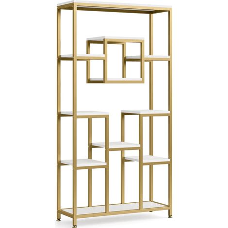 Librería abierta dorada y blanca de metal y madera con diseño geométrico, 182 x 90 x 34 cm (1/5)