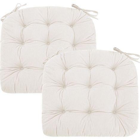 Lot de 2 coussins de chaise - 50 x 50 x 7 cm - Beige - Coussins d'assise confortables en tissu côtelé et velours cristal avec liens - Idéal pour salle à manger, bureau, salon et chaises (1/5)
