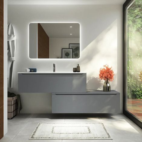 Mobile bagno sospeso modulare 120 cm grigio opaco due cassetti con lavabo Bako (1/4)