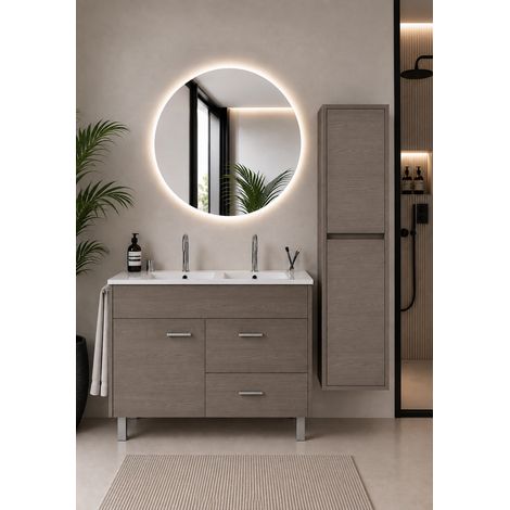 Badmöbel mit Waschbecken ORIGENBATH SAMOS ohne Spiegel 120x45 cm Doppelwaschbecken Smoky-Eiche mit Säule (1/5)