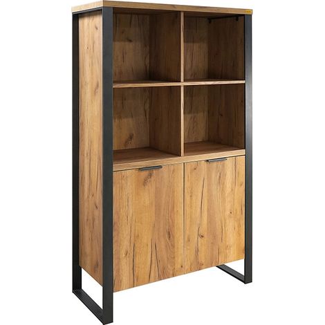 Buffet haut 4 niches 2 portes – Dimensions L. 90 x l. 39,5 x H. 160 cm – Panneaux de particules et métal noir – Style contemporain effet chêne doré (1/5)