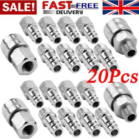 20 raccords rapides pour tuyau d'air comprimé, 1/4'' BSP, nickelés, fer, pour outils pneumatiques (1/5)