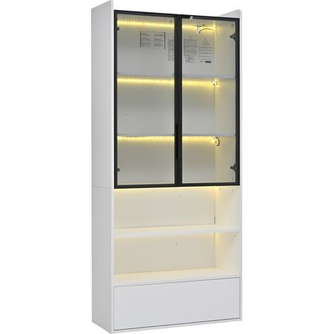 Vitrine haute blanche 80x34x180 cm avec 1 tiroir, portes en verre trempé et éclairage LED contrôlable par application (1/5)