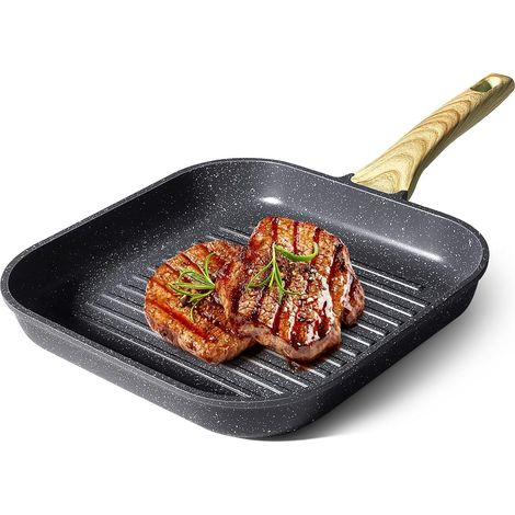 Poêle grill 28 x 28 cm, poêle à induction en aluminium moulé sous pression avec revêtement antiadhésif en granit, 100 % sans PFOA, convient pour tous les types de cuisinières (gris, 28 cm) (1/5)