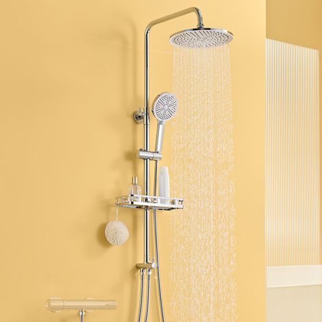 AURALUM MAX Edelstahl Chrom Duschsystem 2-Funktionen Duschsäulen ohne Armaturen mit 4-Modi-Handbrause, runder Kopfbrause, Regal und Höhenverstellbar Duschstange