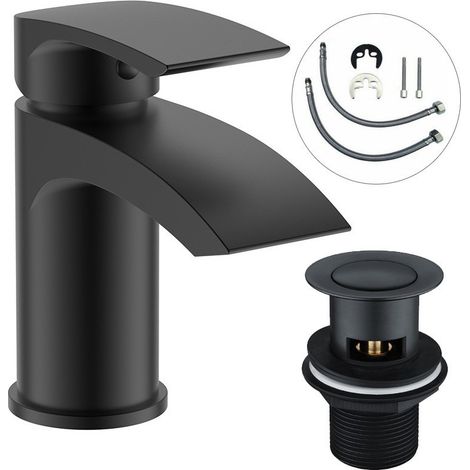 Black Curve Waterfall Cloakroom Mini Basin Mixer Tap Sink Mono Bathroom + Waste