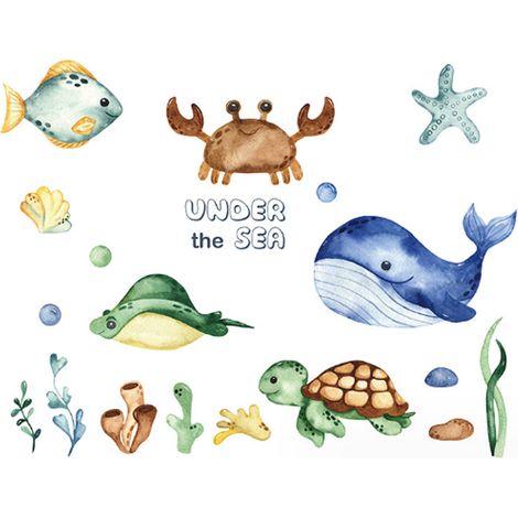 Autocollant Murale Sous-Marin - Baleines Tortues Poissons - Décor Chambre Enfant - PVC Auto-Adhésif - Pour Murs Lisses - Lot de 1 (1/5)