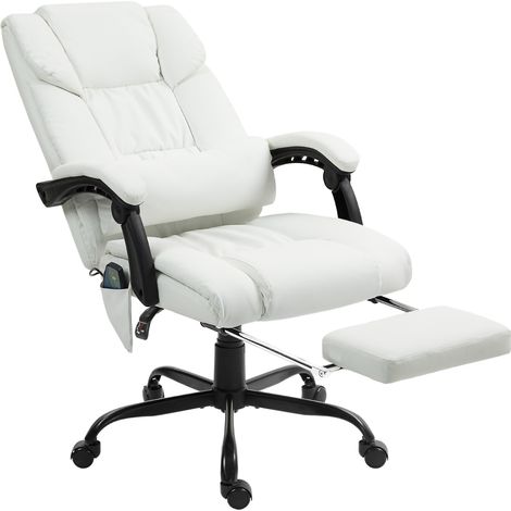 Fauteuil de bureau blanc avec massage 6 points, dossier haut, inclinable, hauteur réglable, repose-pieds et télécommande. (1/5)