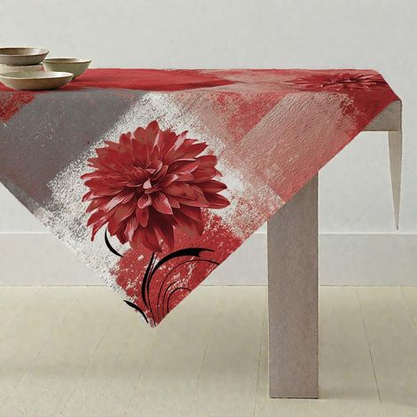 Tischdecke Rot Grau Blume Retro 100x100cm Abwaschbar Quadratisch Bauernhaus Stil