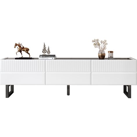 Mueble de TV con 3 Cajones y Patas de Hierro, Tablero Brillante, Estilo Minimalista, 170×35×47 cm, Negro Blanco (1/5)