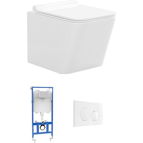 Pacchetto WC sospeso Bianco con Telaio e Piastra di attivazione Bianca tonda - CLEMONA (1/4)