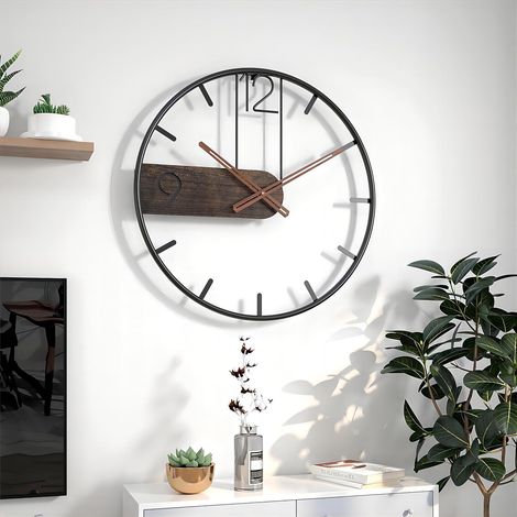 Grande horloge murale vintage - 40 cm de diamètre, cadre en métal - Fonctionne à piles, silencieuse (pas de tic-tac) - Décoration idéale pour le salon, la cuisine et la chambre - Noir et marron (1/4)