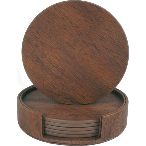 Lot de 6 dessous de verre en PU noyer avec support, style bois marron