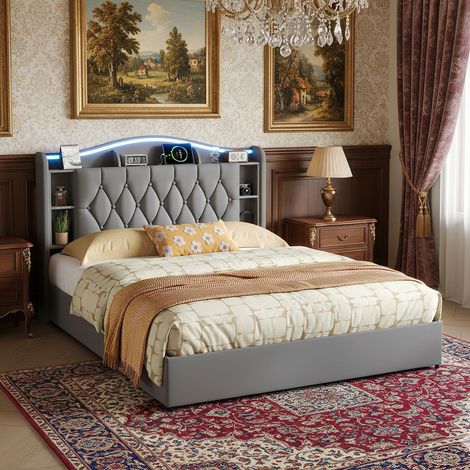 Stauraumbett 140x200 cm, Polsterbett für 2 Personen mit Bettkasten, LED, Holzlattenrost, Metallrahmen, klassischer Stil, Samtbett - Grau
