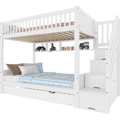 Letto a castello 90x200 cm bianco con letto estraibile, scaffale, armadio e vano portaoggetti, in pino e MDF, per bambini, CHICFURN (1/5)