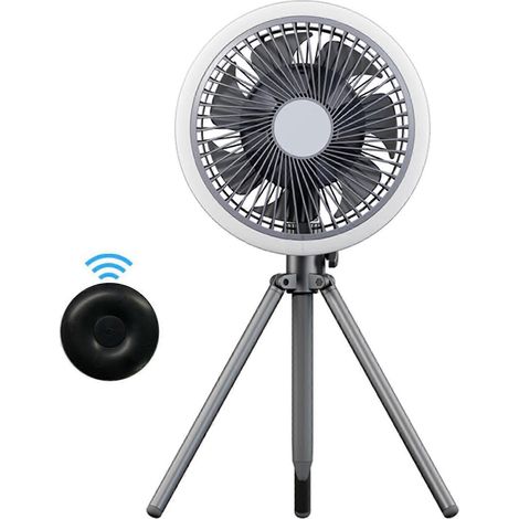 Ventilateur de camping télécommandé avec lanterne LED et ventilateur de plafond oscillant sur trépied (1/4)