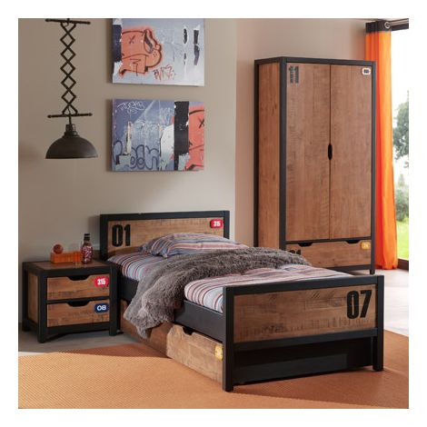 Ensemble lit 90x200 cm + chevet + tiroir + armoire marron - BORY