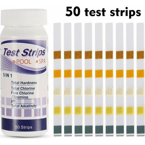 5-in-1 Pool- und Spa-Wasserteststreifen – Freies Chlor, pH-Wert, Alkalität, Wasserhärte – 50 Stück (1/5)