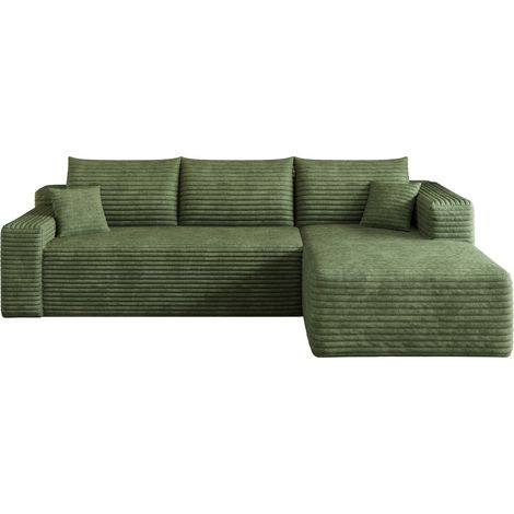 Divano angolare a L 241 cm in tessuto effetto velluto a coste verde, senza montaggio, stile moderno