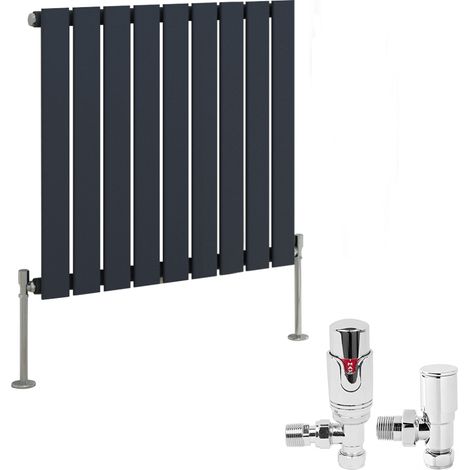 Anthracite Designer Flat Panel Radiator + Thermostatic TRV Radiator Valves Chrome Angled Horizontal 600x612mm Single