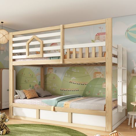 Lit superposé cabane enfant 90x200 cm, 2 couchages, coffre hydraulique, échelle droite, barrières de sécurité, pin et MDF, blanc et effet chêne (1/5)