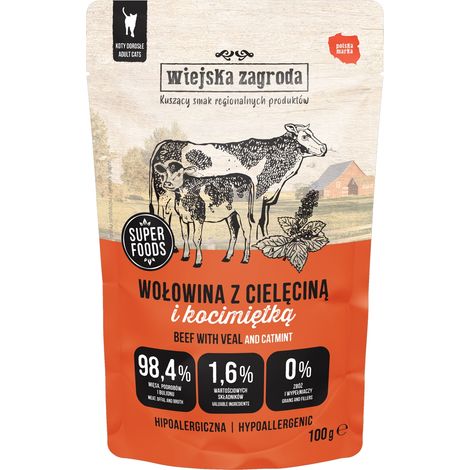 Wiejska Zagroda Super Foods comida húmeda para gatos Carne de Res y Ternera 100g (1/3)