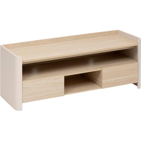 Meuble TV 2 Tiroirs "Roundy" 120cm Beige (1/4)