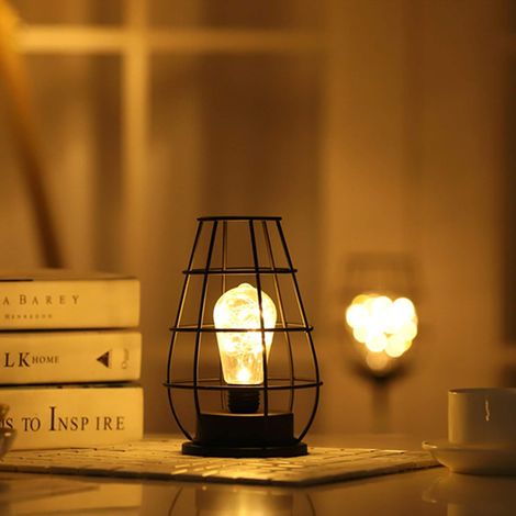 Lampe De Table - Fer Forgé - Style Cage Industriel - Fonctionne Sur Piles - Pour Chambre Bureau Décoration Intérieure - 1 Pièce