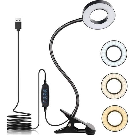 USB-LED-Schreibtischlampe mit Klemme, 3 Beleuchtungsmodi, 10 Helligkeitsstufen, Augenschutz, ideal zum Lesen, Lernen, Arbeiten, für Videokonferenzen und als Allgemeinbeleuchtung (schwarz) (1/5)