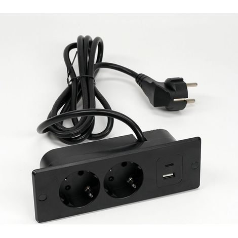 Multiprise plate double sortie 1,5 m x 1 m, prise encastrée à deux voies, multiprise avec deux ports USB, prise de bureau, convient aux bureaux, établis et tables de conférence. (1/4)