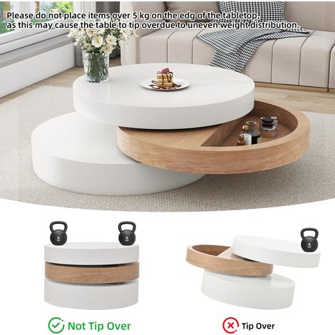 Table basse cylindrique en bois de rotin, plateau supérieur pivotant à 360°, table de salon rotative à 3 niveaux, 3 espaces de rangement, charge totale recommandée 30 kg, meuble d'appoint avec stockag (1/5)