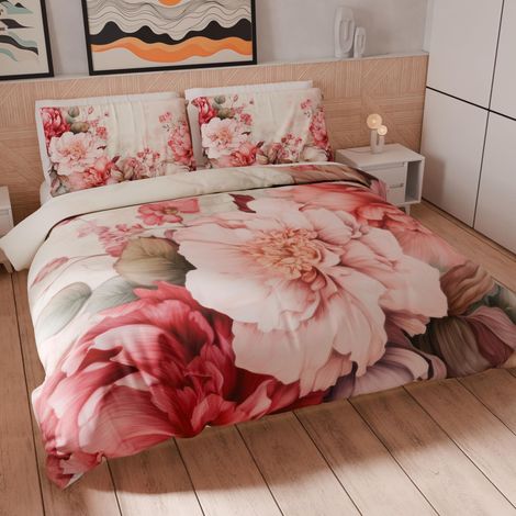 Housse de Couette 2 Places 230x220 cm 2 Taies 75x50 cm Incluses, Parure en Microfibre Imprimée Floral 04 152 (1/5)
