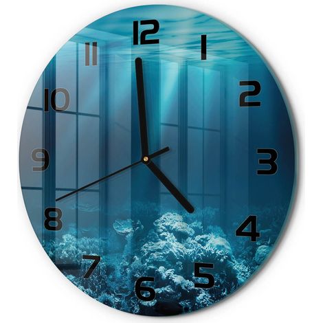 Horloge Murale Ronde Objet Décoratif en Verre Silencieuse pour Salon Monde sous-marin fi 30 cm