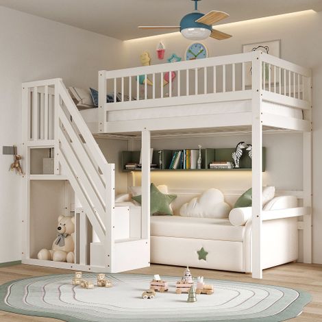 Letto in legno massello 90 x 200 cm, con scaletta e contenitore integrato, letto per bambini, letto per ragazzi, letto singolo, struttura in legno massello, versione alta, bianco