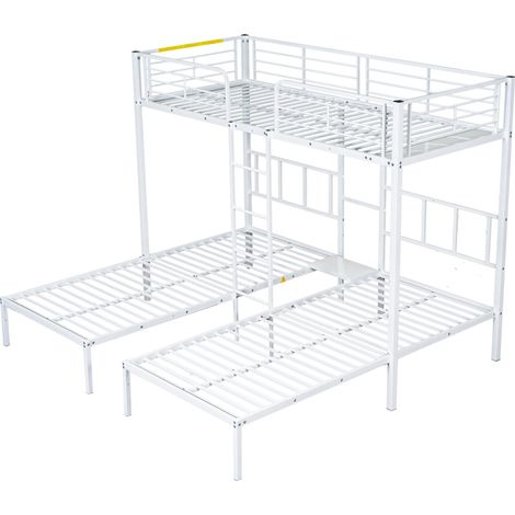 Dreifach-Hochbett aus Metall 90x200 cm, weiß, mit Leiter, Geländer und Ablage (1/5)