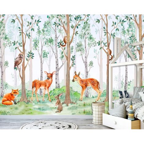 Vlies Fototapete Kinderzimmer 150x105 cm Wald Tiere - Fototapeten Tapeten für Kinder Mädchen & Jungen - Kindertapete - Kinderzimmertapete weiß Rehe Natur, WallArena (1/4)